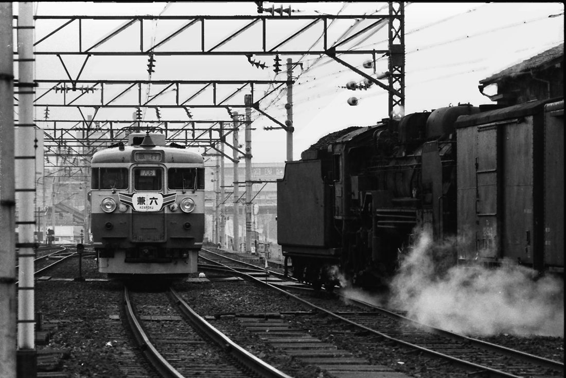 北陸本線の武生でD51形が牽引する貨物列車とすれ違う急行「兼六」＝1975年（撮影：南正時）