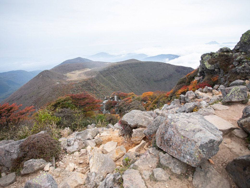 中岳山頂からの風景。春はミヤマキリシマが咲き、秋は紅葉で赤く染まる（筆者撮影）