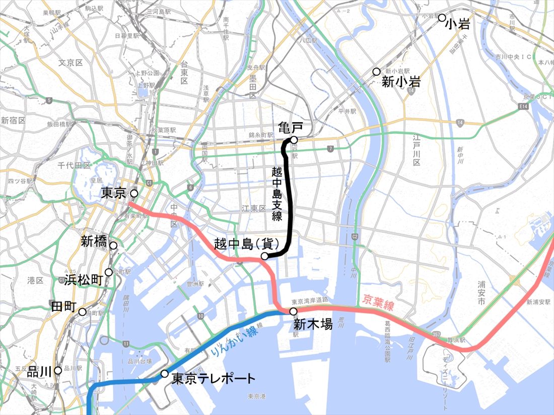 現在は港湾局専用線が消滅して南砂町線の計画も事実上中止に。京葉線は東京駅に乗り入れる京葉線と大崎駅に乗り入れるりんかい線に分かれ、どちらも旅客線として整備された（国土地理院地図を筆者加工）