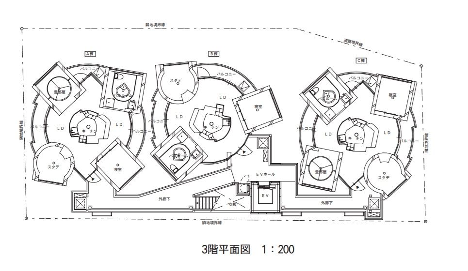 三鷹天命反転住宅の平面図。約60平方メートルの3LDKタイプと、約52平方メートルの2LDKタイプがある（図：荒川修作＋マドリン・ギンズ東京事務所提供）