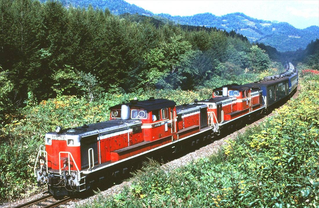 DD51形の重連が牽く急行「ニセコ」＝然別付近にて（撮影：南正時）