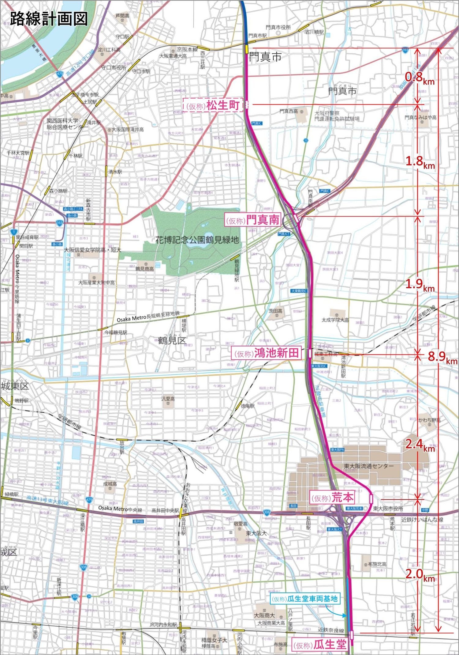 延伸区間の路線計画図。近畿自動車道にほぼ沿う形で南下する(提供:大阪モノレール株式会社)