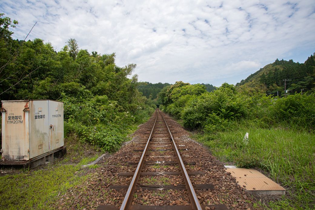 踏切を渡りながら撮影した写真。線路が森の中に消えていくような風景は、映画『スタンド・バイ・ミー』を髣髴とさせる（筆者撮影）