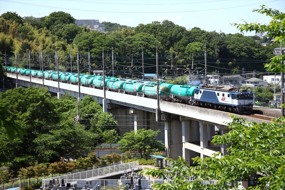 武蔵野南線の稲城付近、京王相模原線をまたぐ高架を行くEF64形1000番台牽引の貨物列車（撮影：南正時）