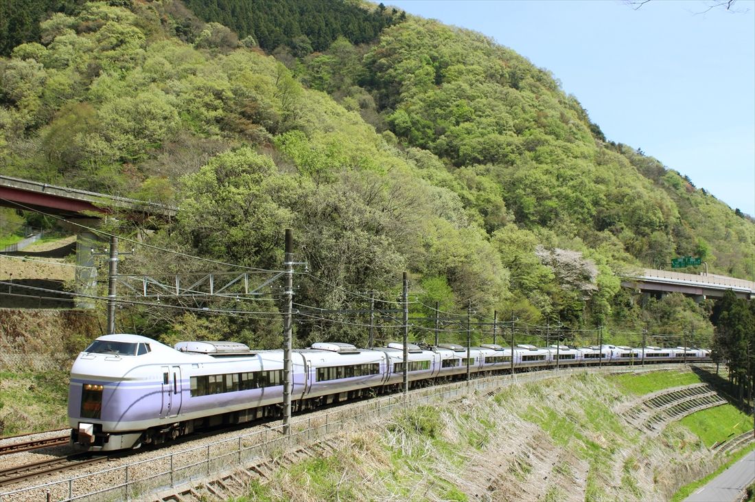 新緑の小仏峠を駆ける「スーパーあずさ」（撮影：南正時）