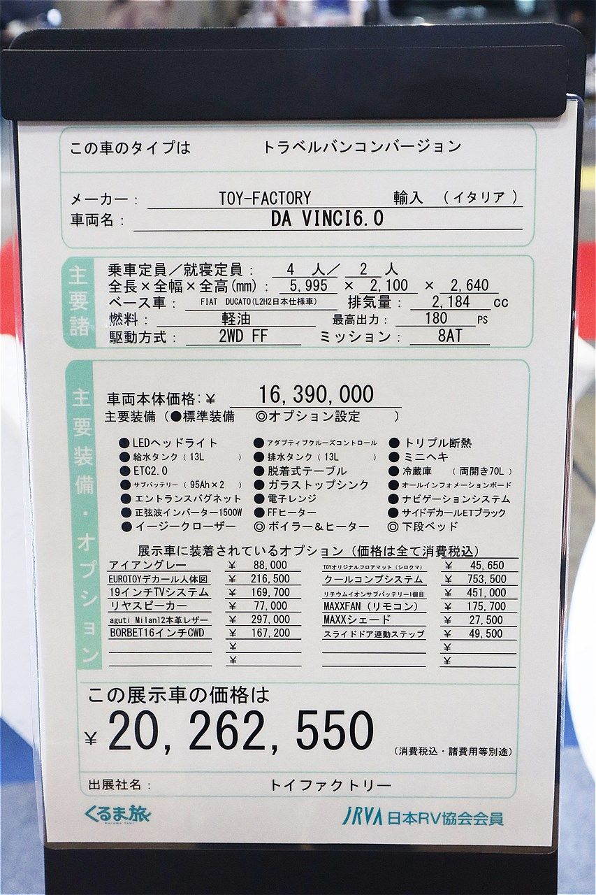 ジャパンキャンピングカーショー2026でトイファクトリーが発表した新型「ダヴィンチ6.0」（写真：筆者撮影）