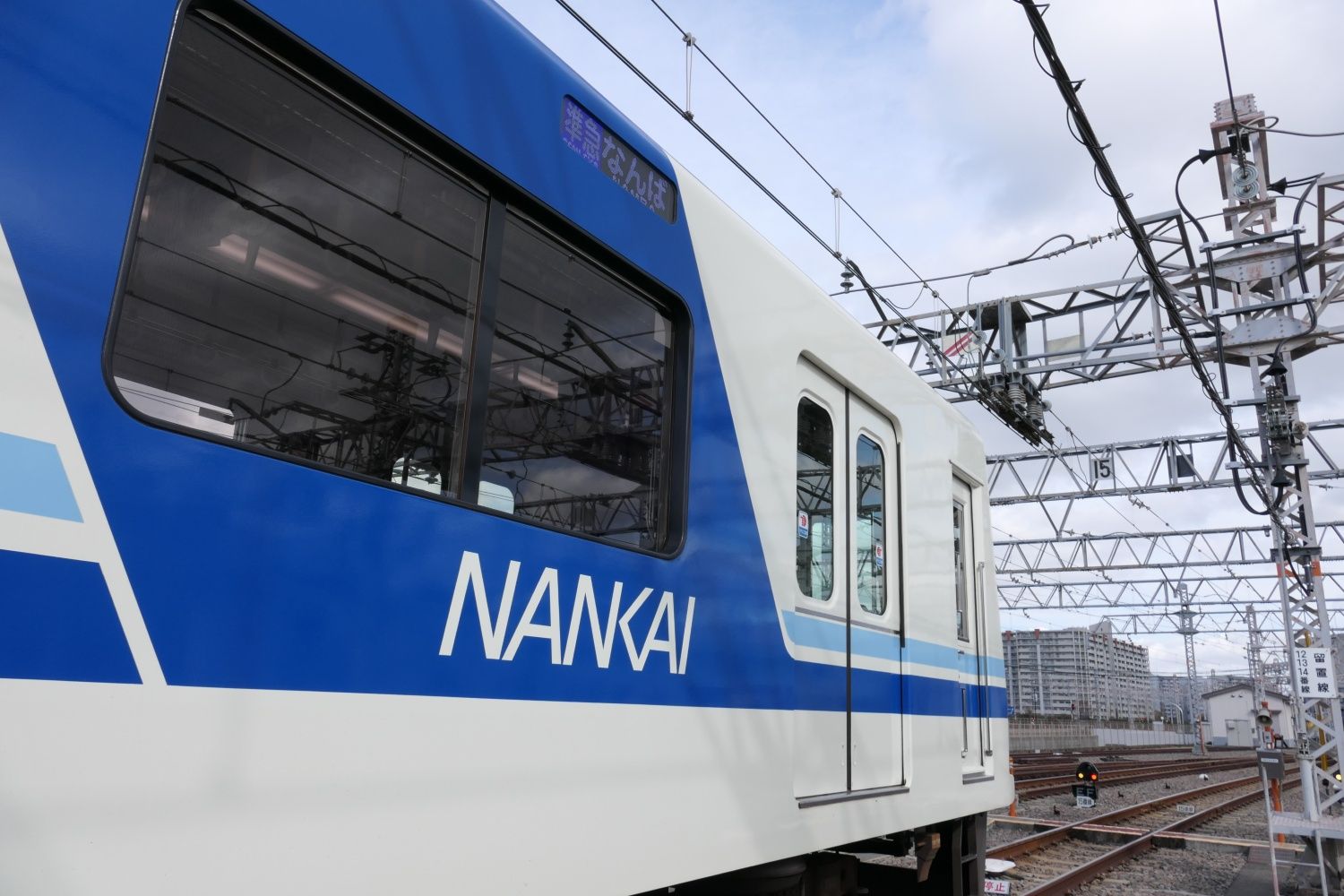 先頭車両の側面にある「NANKAI」のロゴ。以前は「SEMBOKU」だった（記者撮影）