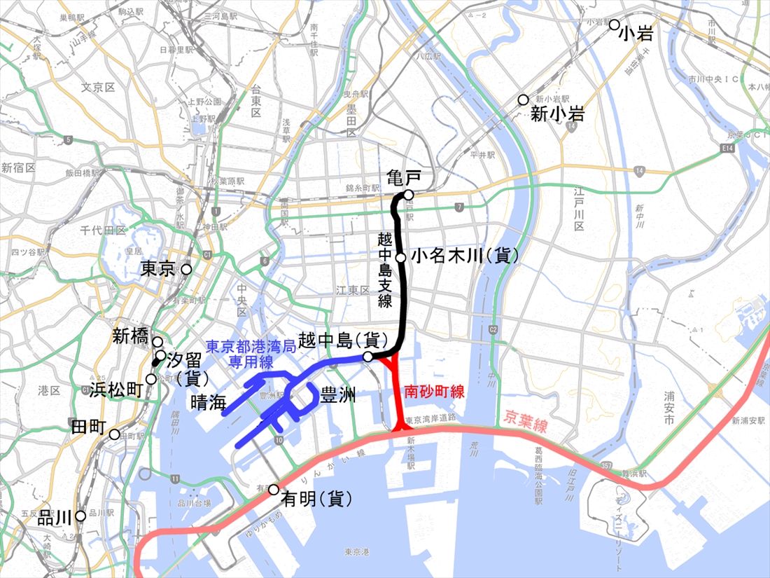 1960年代には京葉線や南砂町線が計画されるが月島線は最終的に中止された（国土地理院地図を筆者加工）