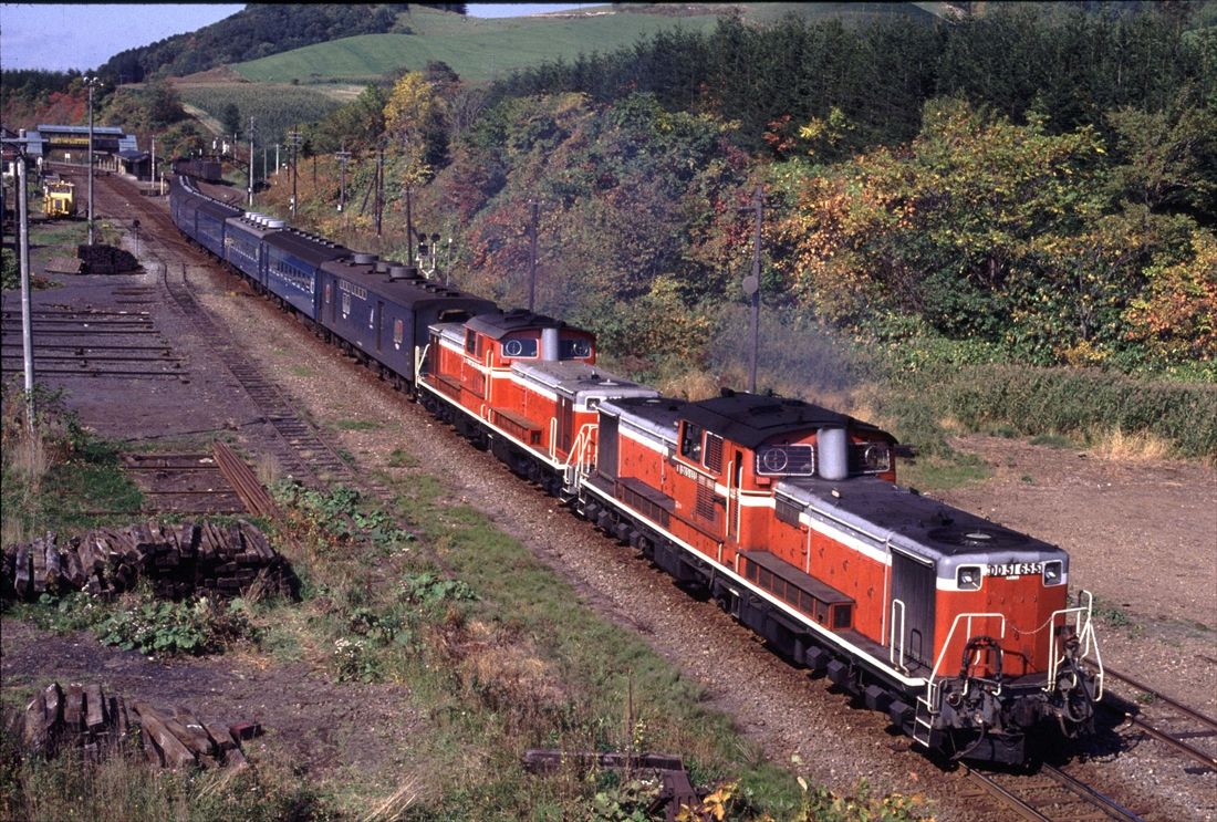 函館本線山線の小沢駅付近を走るDD51形重連牽引の急行「ニセコ」（撮影：南正時）