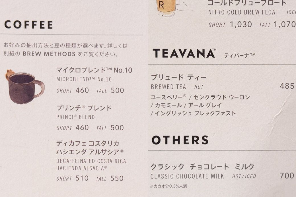 選べるドリンクはコーヒー3種（ショートサイズ）と、紅茶5種（筆者撮影）