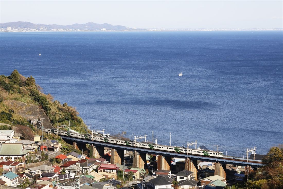 真っ青な海と185系「踊り子」（撮影：南正時）