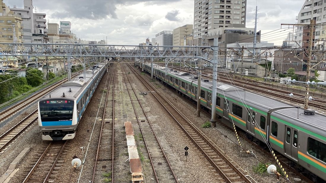 京浜東北線や湘南新宿ライン・横須賀線、東海道本線、相鉄・JR直通線などさまざまな列車が走る鶴見駅付近（記者撮影）
