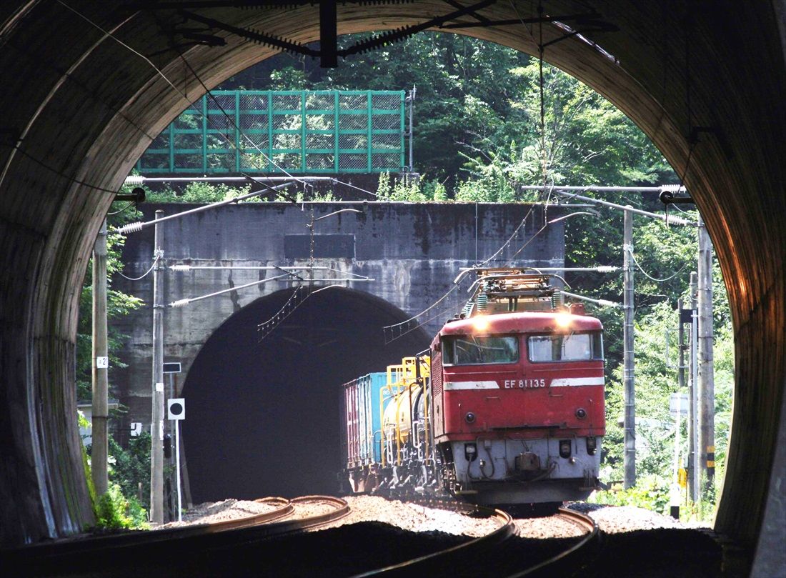 北陸トンネルを抜け出したEF81形牽引の貨物列車（撮影：南正時）