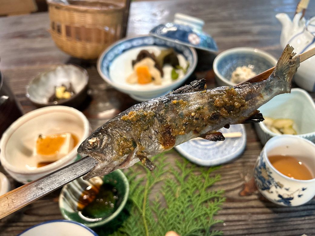 ヤマメの山椒味噌焼き。臭みはなく身がほくほくとして山椒の香りがふわりと鼻を抜ける（筆者撮影）