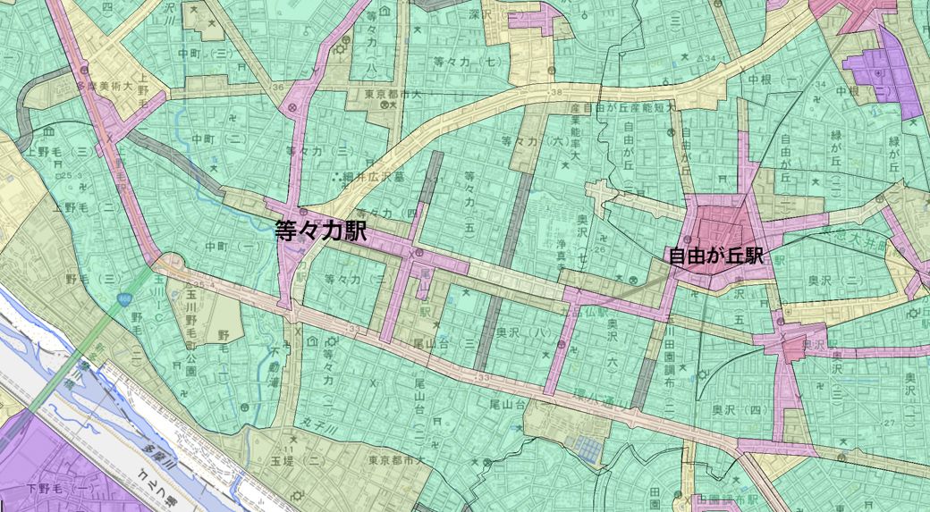 緑で示された地域が第1種低層住居専用地域（国土地理院 不動産情報ライブラリより筆者作成）