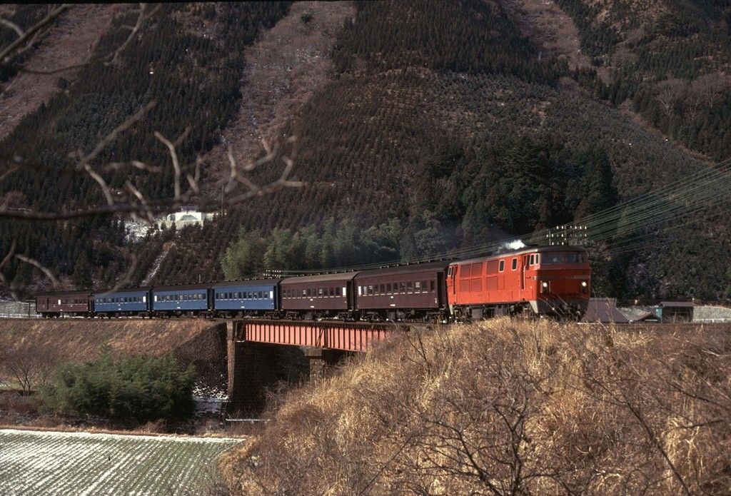 晩秋の景色の中を走るDD54形牽引の客車列車（撮影：南正時）