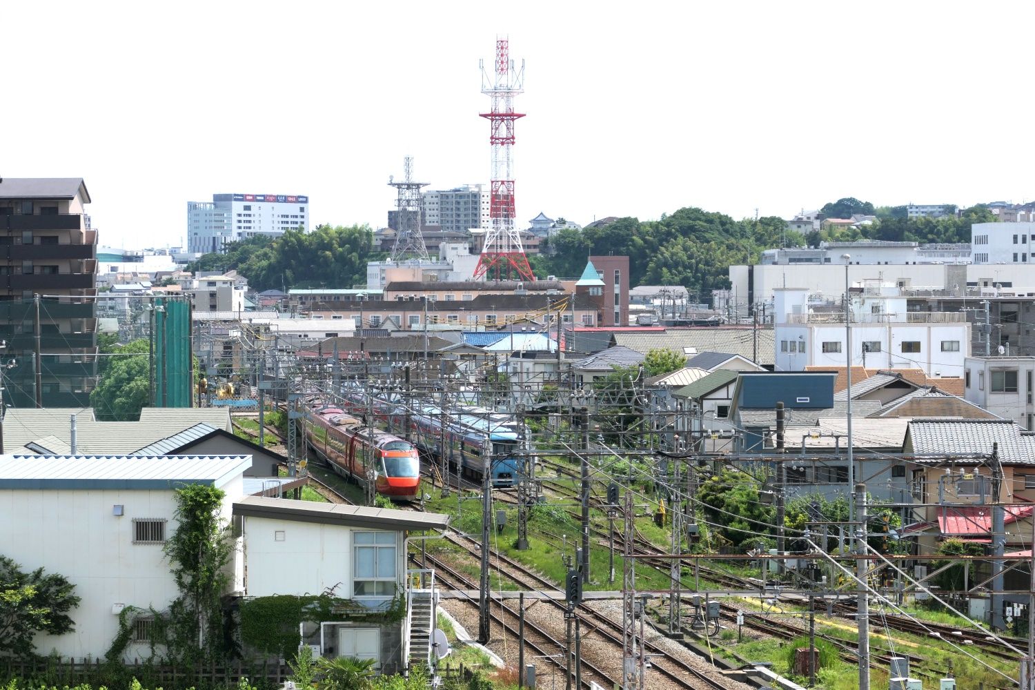 遠くには小田原駅周辺のビルと小田原城（記者撮影）