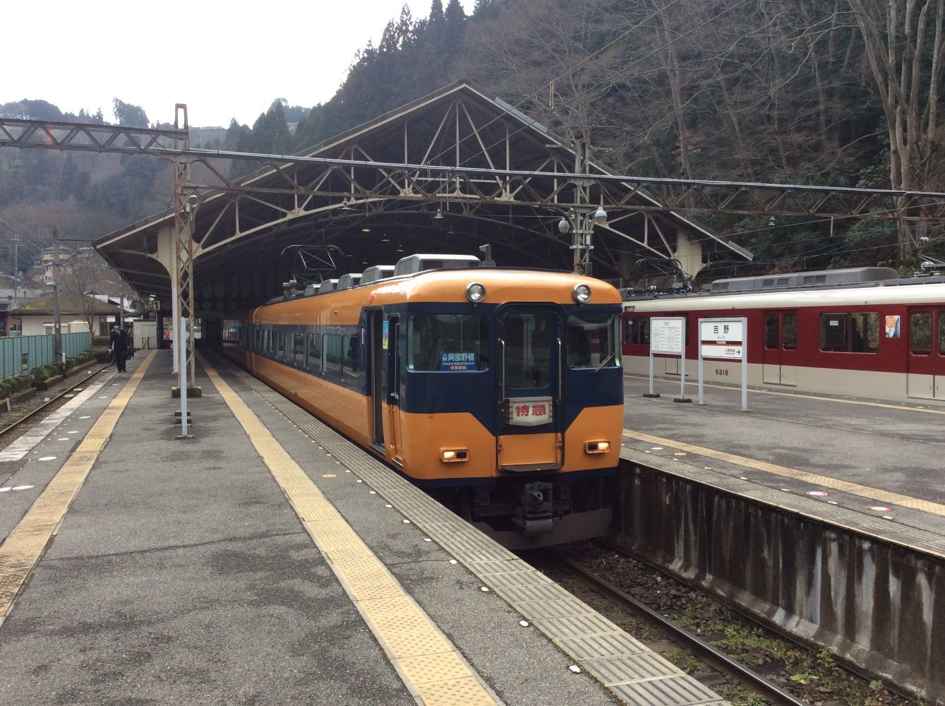 カラーリング変更前の16000系。吉野駅で出発を待つ大阪阿部野橋行き（写真：近畿日本鉄道）