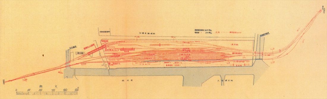 越中島貨物駅の改良計画図。駅の西側（左）に2面4線の高架旅客ホームが描かれている（出典：国鉄東京工事局『東京附近改良計画』）