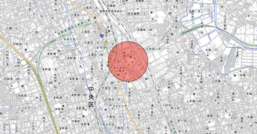 赤く示したあたりを今回歩いた。「国土地理院 電子国土Web」より筆者が作成