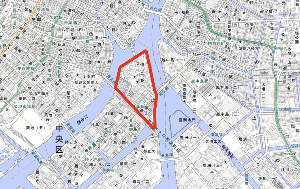 東京都中央区佃地区（国土地理院 電子国土Webより筆者作成）