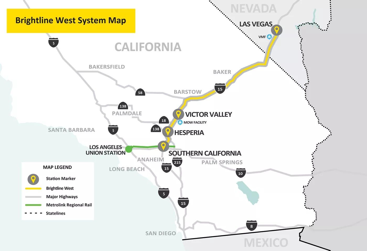 「ブライトラインウエスト」の計画路線図（画像：Brightline West）