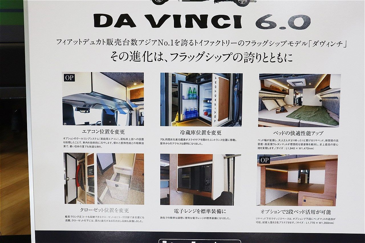 ジャパンキャンピングカーショー2026でトイファクトリーが発表した新型「ダヴィンチ6.0」（写真：筆者撮影）