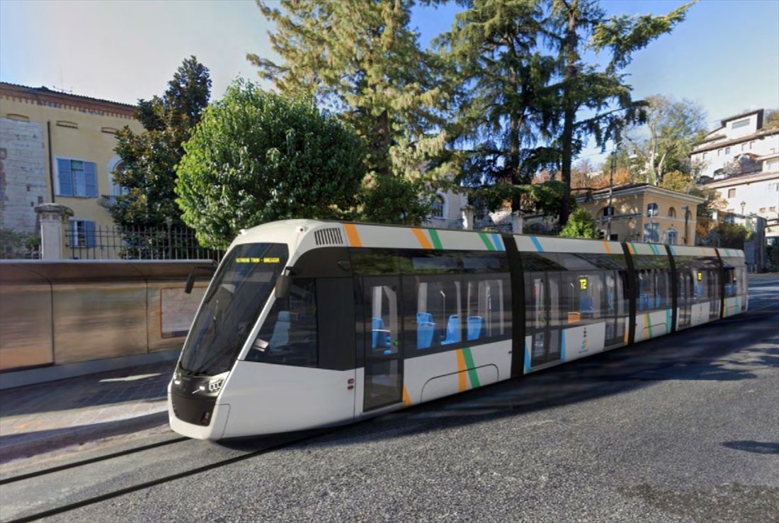 日立がイタリア・ブレシア市のトラム新線に納入する車両のイメージ（画像：日立製作所）