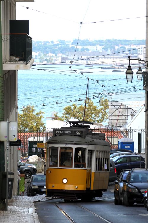 リスボンの旧型トラム路線がテージョ川をバックに（筆者撮影）