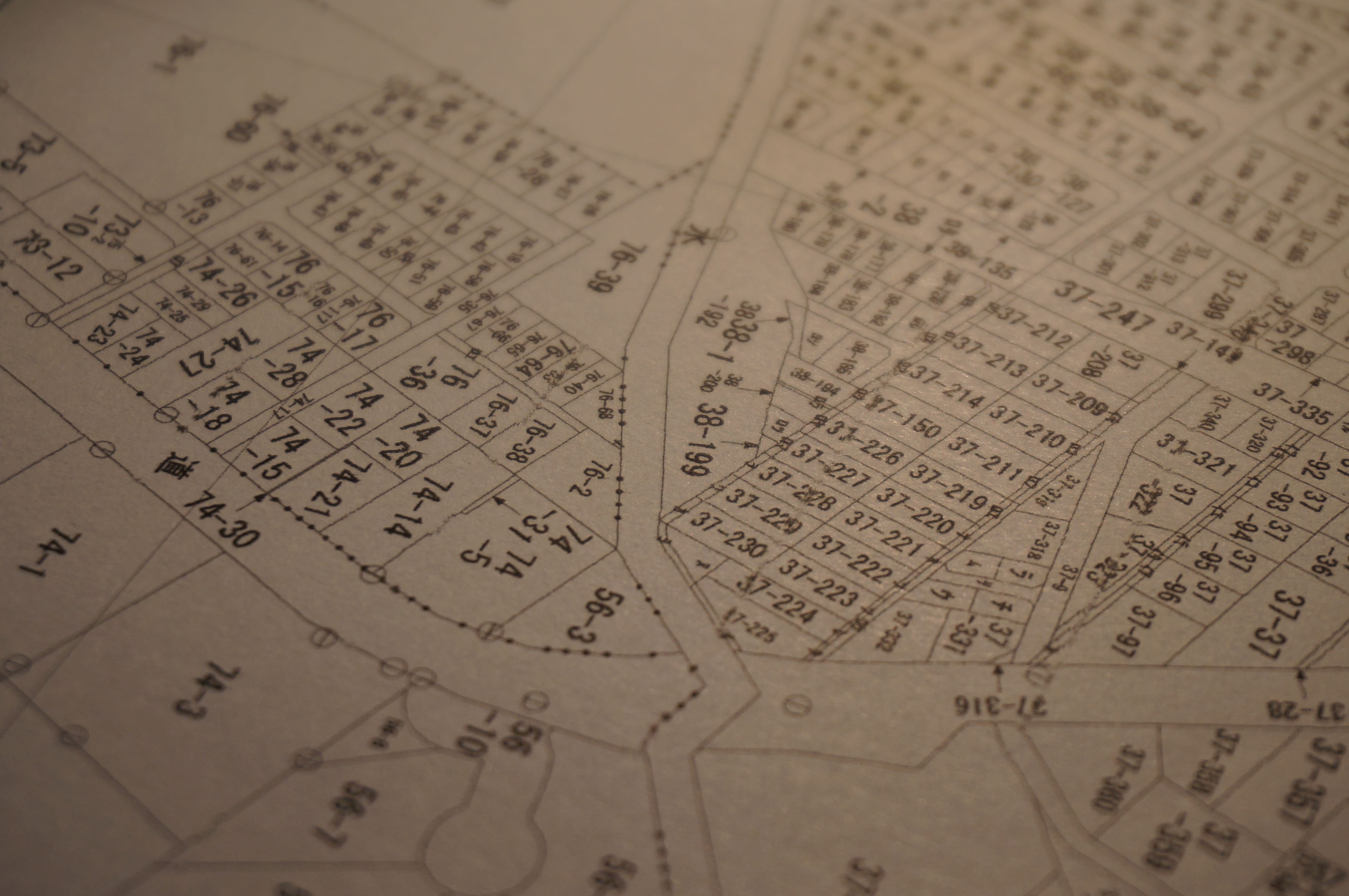 法務局の公図。縦に通る「水」の周りは沢になっていて分譲できるような場所ではない（写真：筆者撮影）
