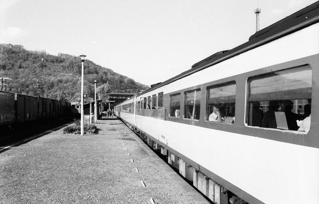 新得駅に停車中の特急「おおぞら」。車両は食堂車のキシ80形（撮影：南正時）