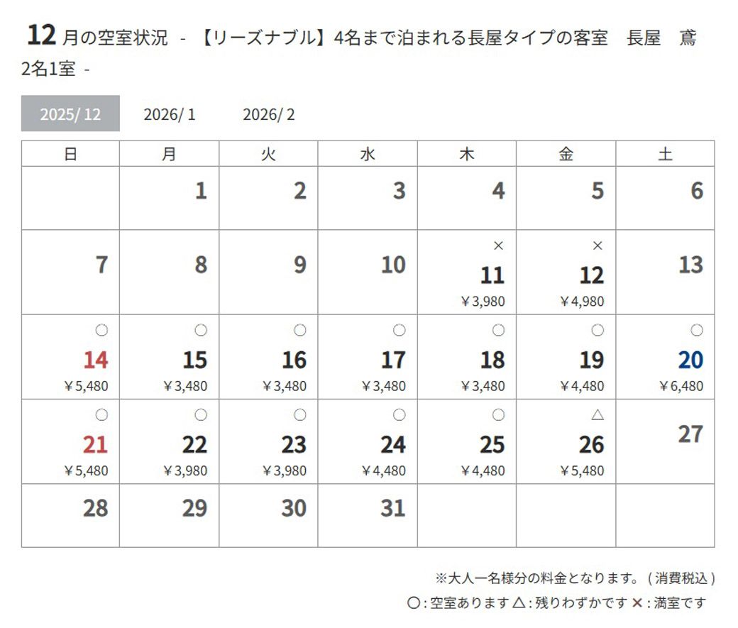 2025年12月の素泊まりプラン価格（ロッジ虎の湯公式サイトよりスクリーンショット）