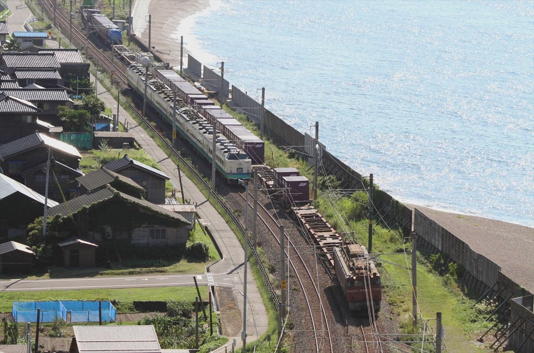 信越本線青海川付近を走るEF81形牽引のコンテナ貨物列車が485系の特急「北越」とすれ違う（撮影：南正時）