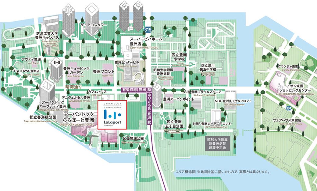 2012年時点での「アーバンドック ららぽーと豊洲」と周辺地図（出典：三井不動産ニュースリリース）