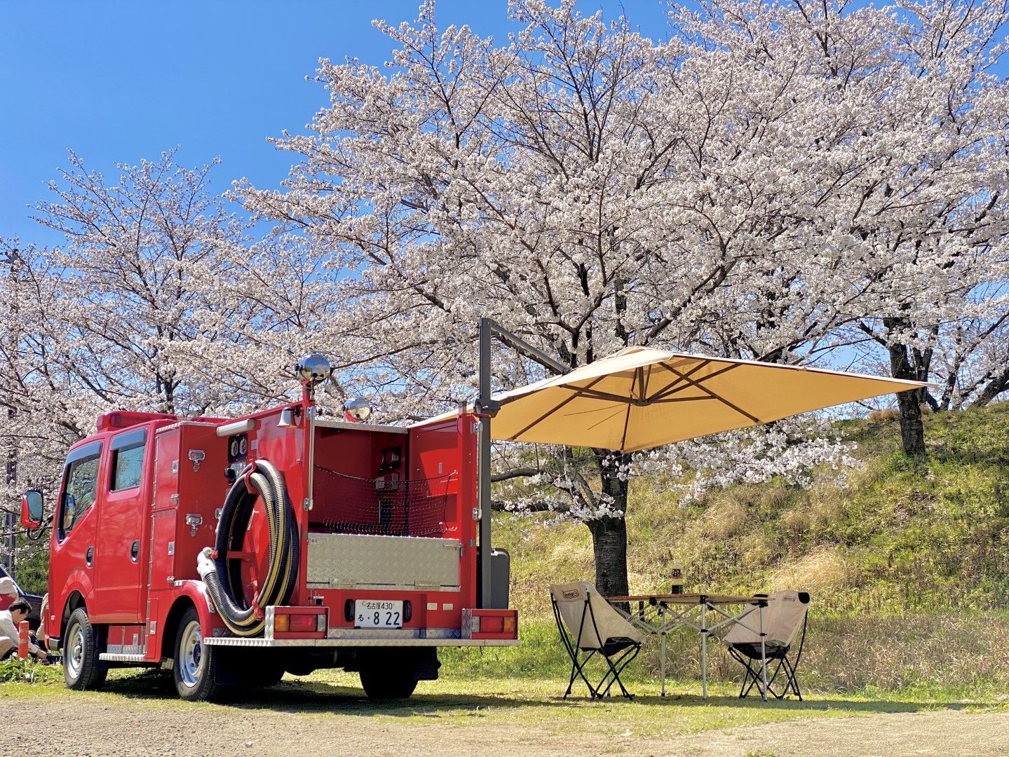 花見にも消防車で。後付けしたタープの下でゆっくり桜を見られる（写真：うつみさん提供）