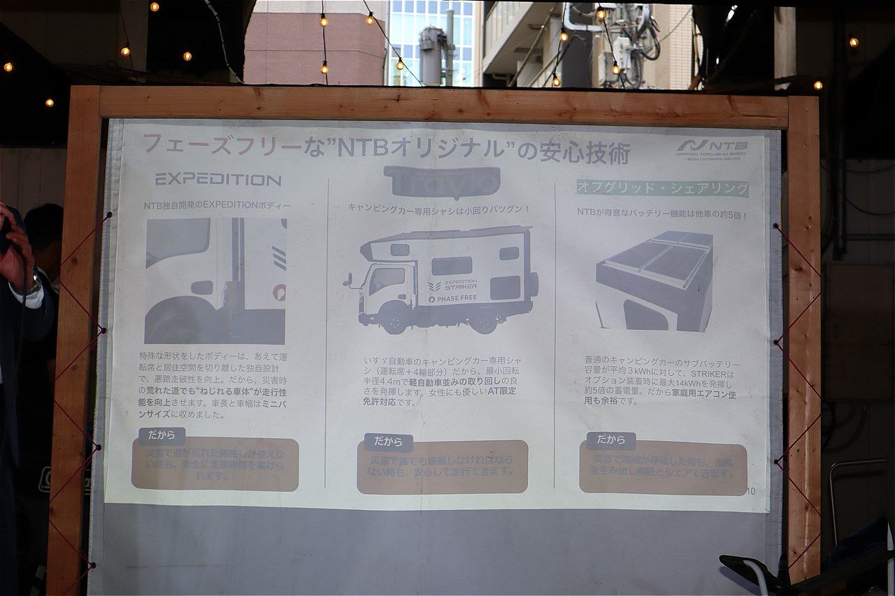 日本特種ボディー主催「フェーズフリー認証取得キャンピングカー発表会」（筆者撮影）