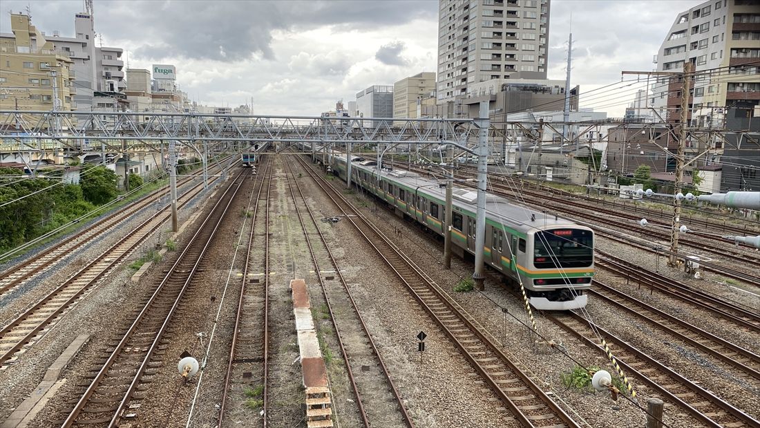 京浜東北線や湘南新宿ライン・横須賀線、東海道本線、相鉄・JR直通線などさまざまな列車が走る鶴見駅付近。見えるのは東海道本線の列車（記者撮影）