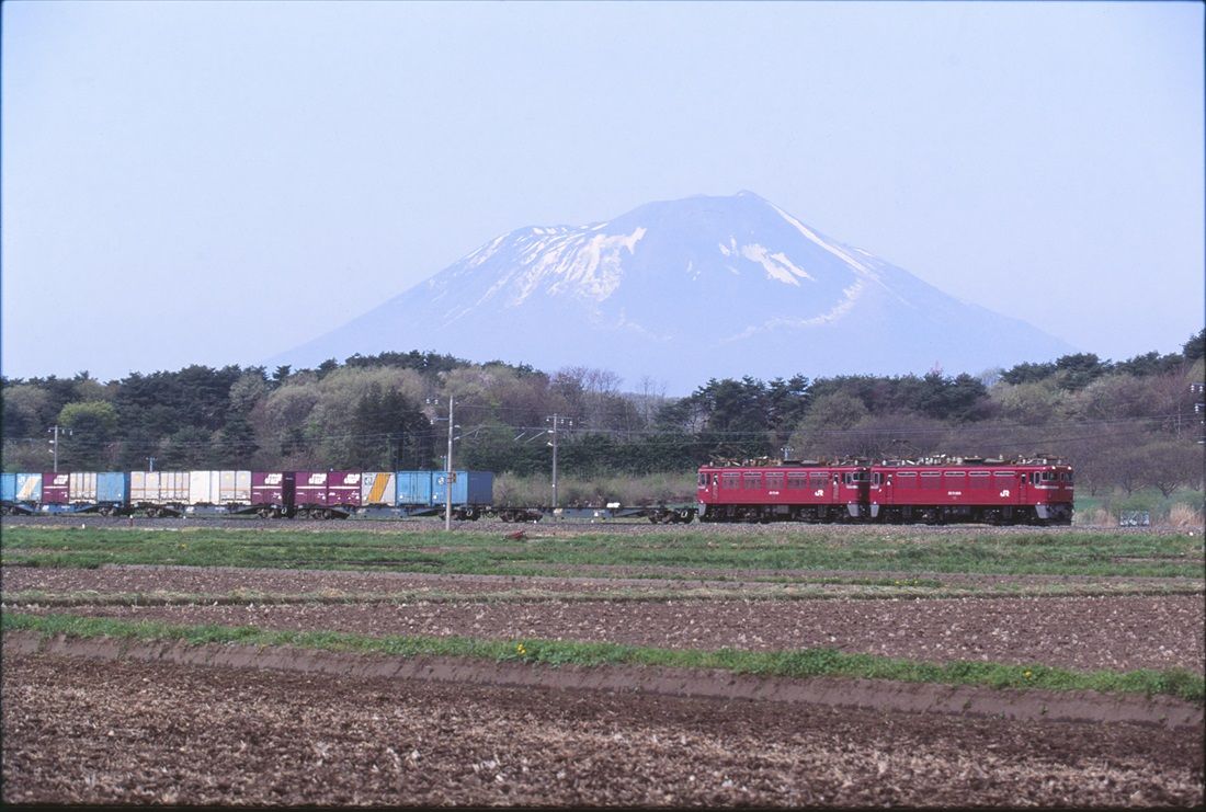 東北本線好摩付近を走るED75形重連牽引のコンテナ貨物列車（撮影：南正時）