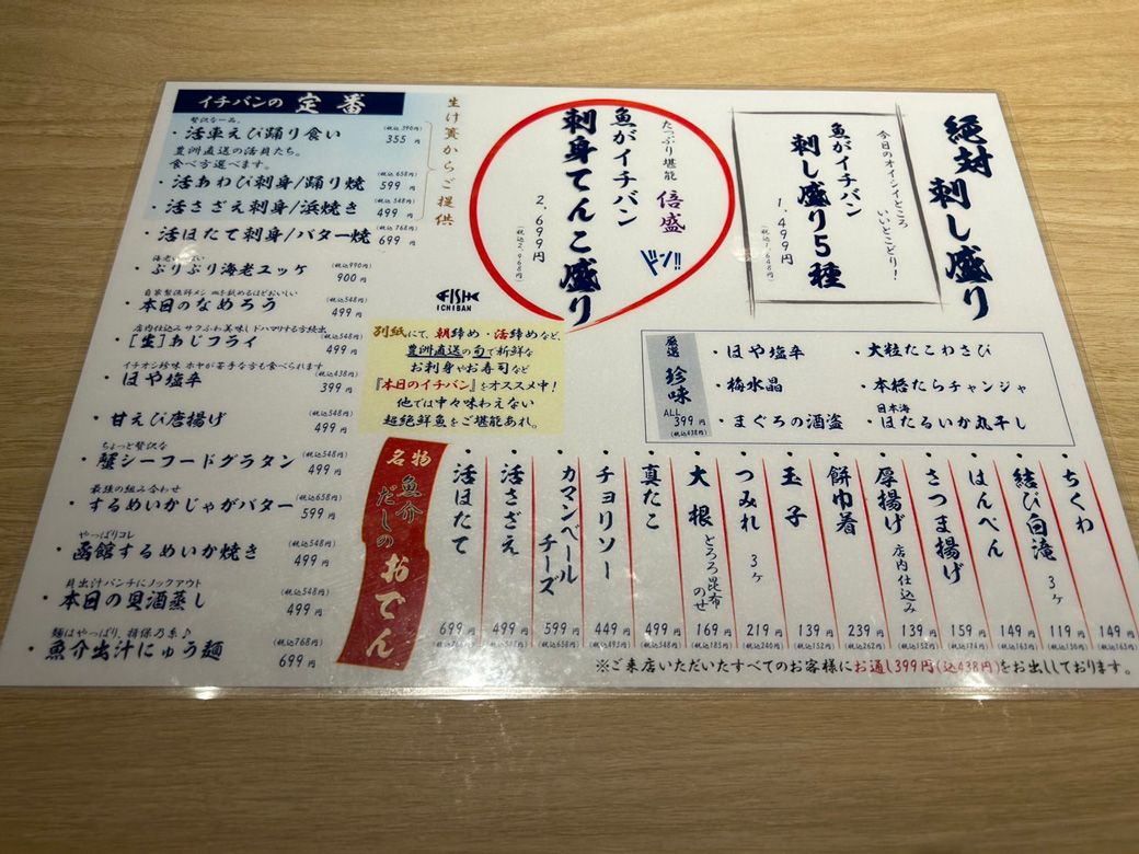 「魚がイチバン-九段靖国通り店」のメニュー②（筆者撮影）