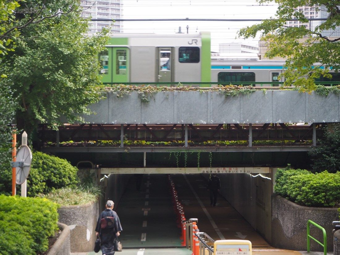 田町駅付近の「雑魚場架道橋」を走る京浜東北線と山手線。この付近では明治期の鉄道遺構「高輪築堤」の石積が見つかった（記者撮影）