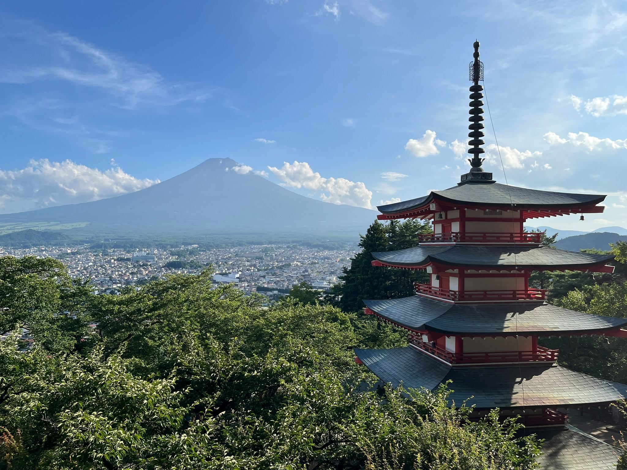 緑が生い茂る、真夏の「新倉山浅間公園」から見た富士山（筆者撮影）