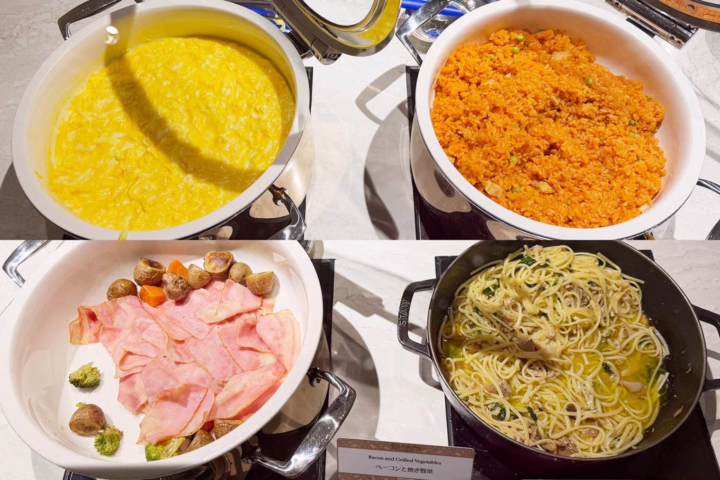 スクランブルエッグ、チキンライス、ベーコンと焼き野菜、ツナと菜の花のパスタ（写真：筆者撮影）