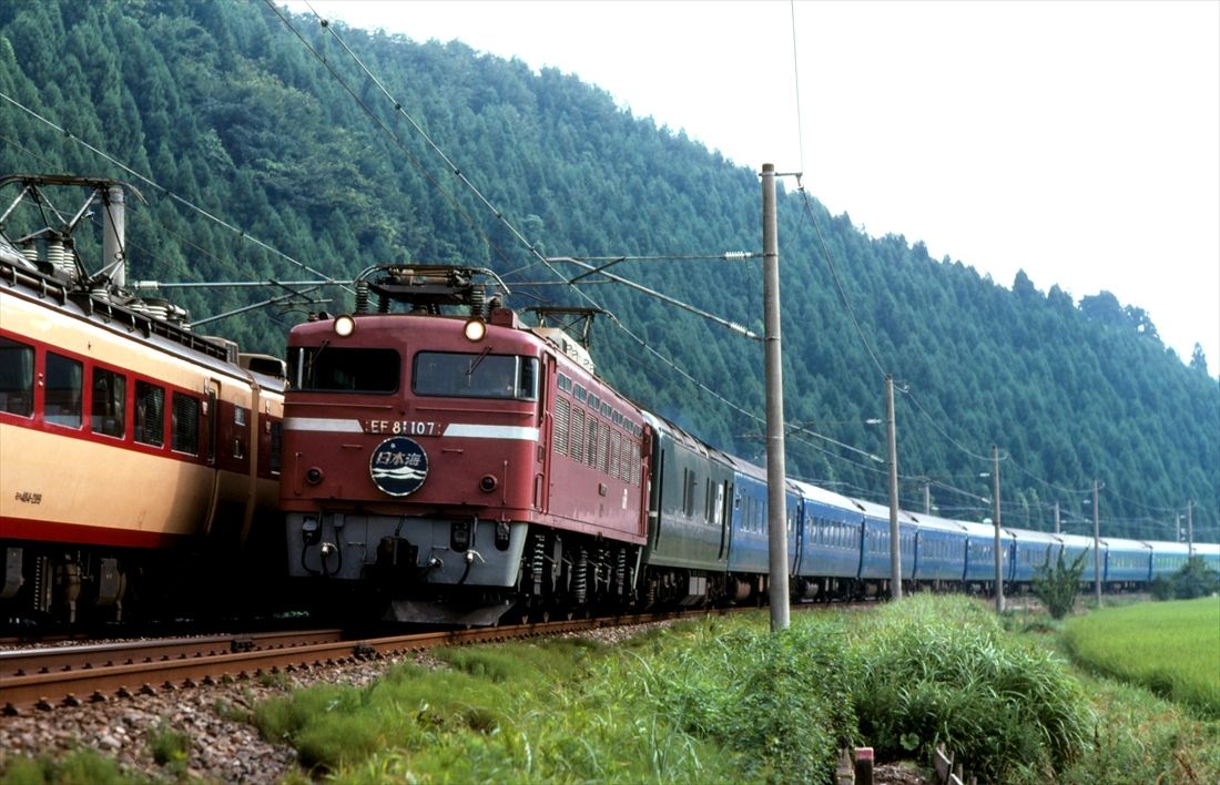 北陸本線南条―湯尾間を走るEF81形牽引の寝台特急「日本海」（撮影：南正時）