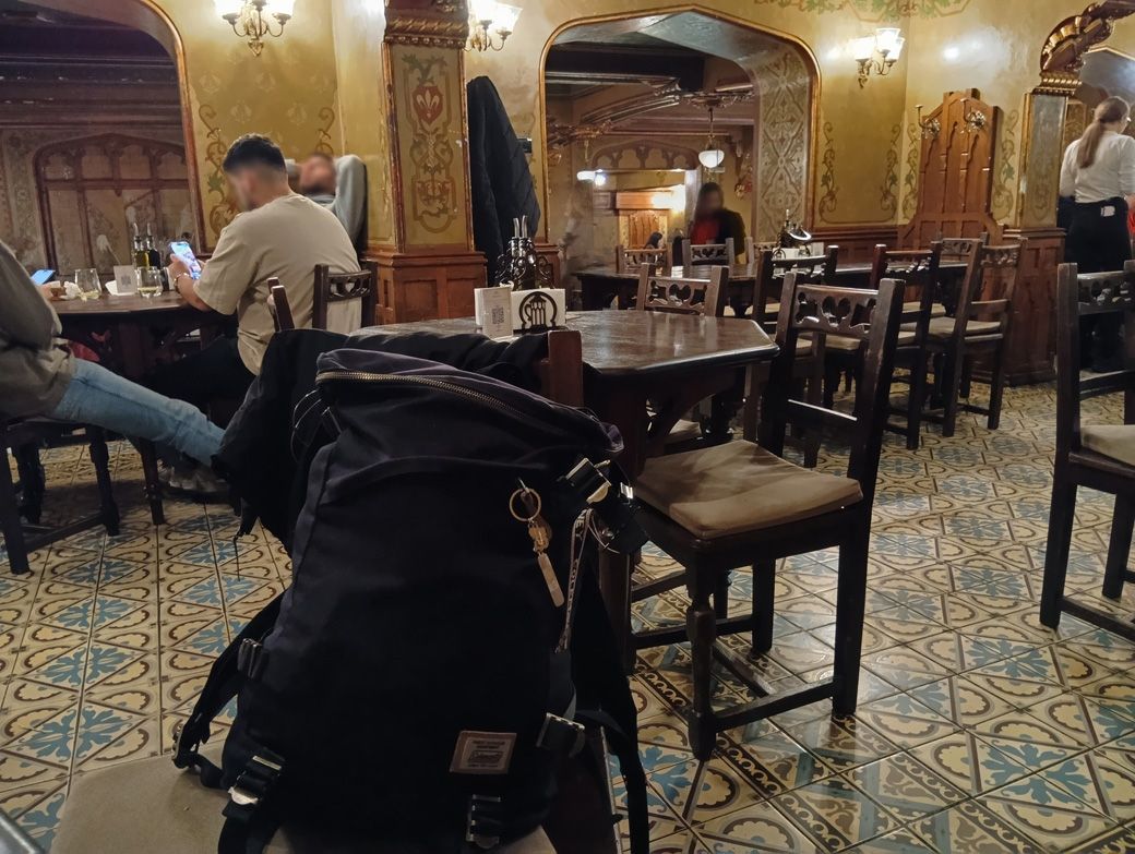 ルーマニアの有名なレストランと相棒のバッグ（筆者撮影）