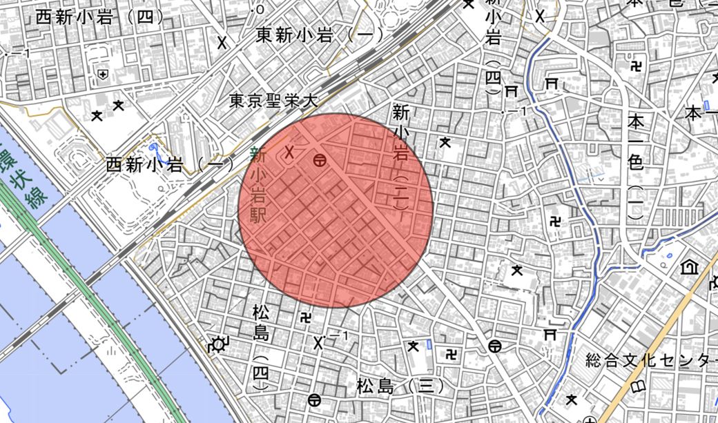今回は赤くマーキングしたあたりを歩いた（国土地理院『電子国土Web』より筆者作成）