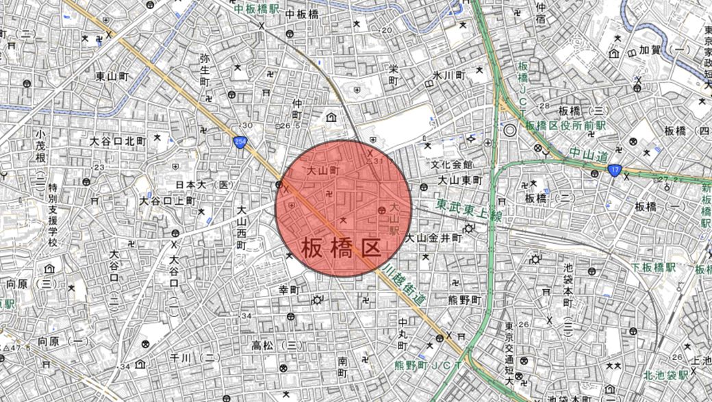 今回散策した場所（国土地理院発行の地図から筆者作成）