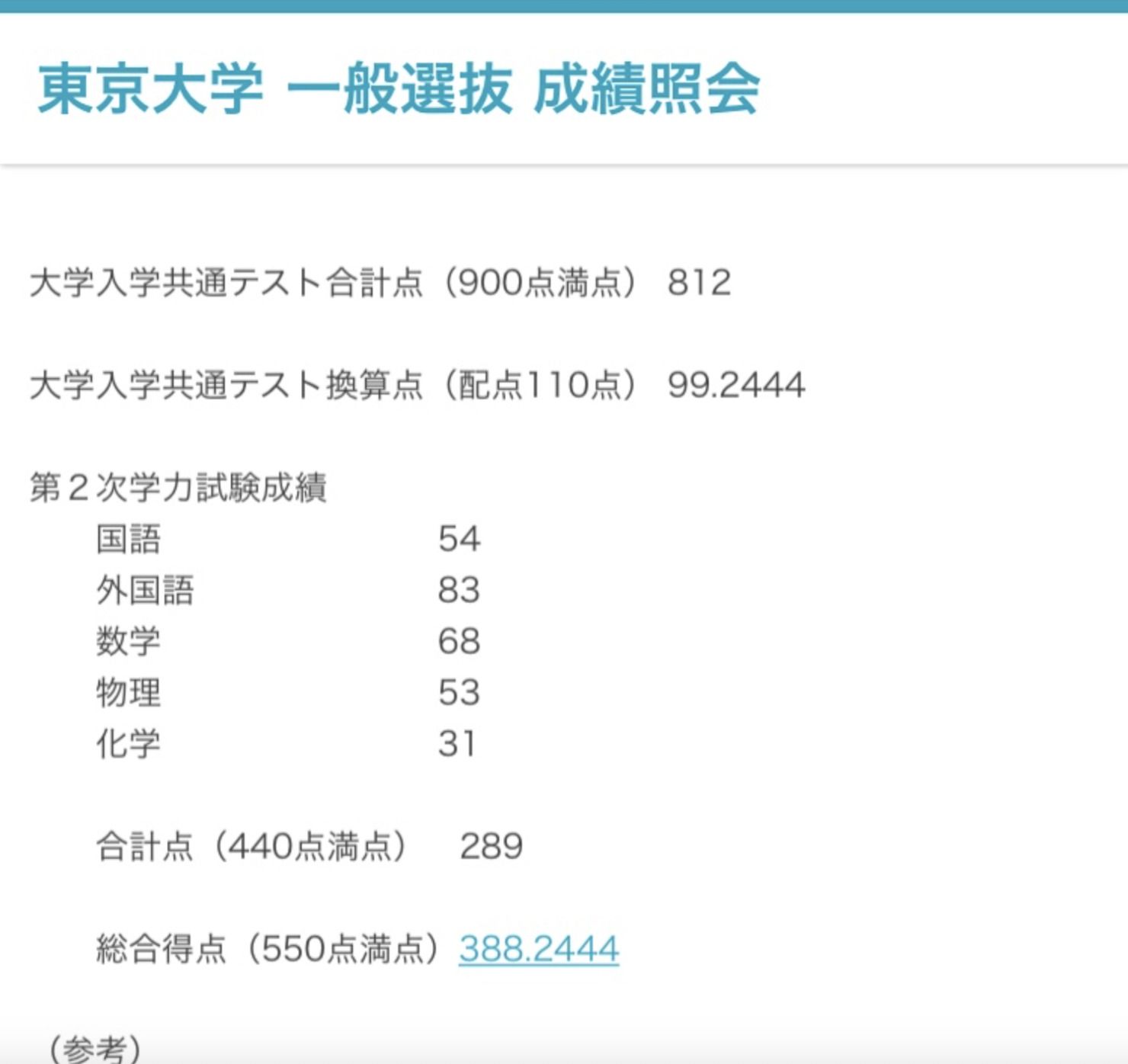 東大理3受験の開示の結果（写真：Sakiさん提供）