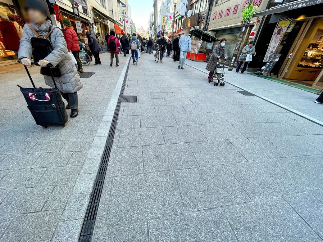 車道と歩道の段差がない、巣鴨地蔵通り商店街（筆者撮影）
