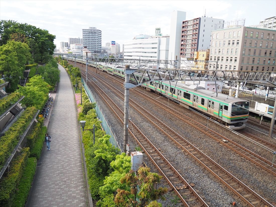 駅付近の線路西側には緑地や公園が広がる（記者撮影）