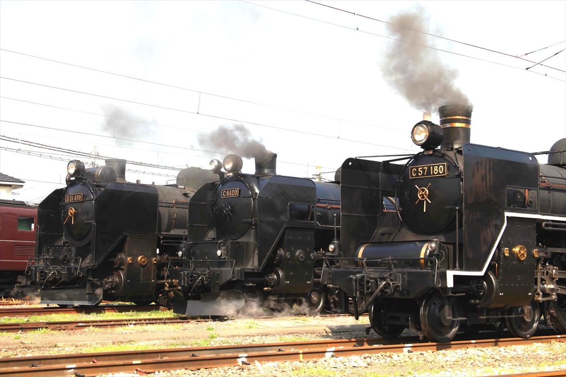 3台並んだJR東日本の動態保存SL。奥からD51形498号機、C61形20号機、C57形180号機（撮影：南正時）